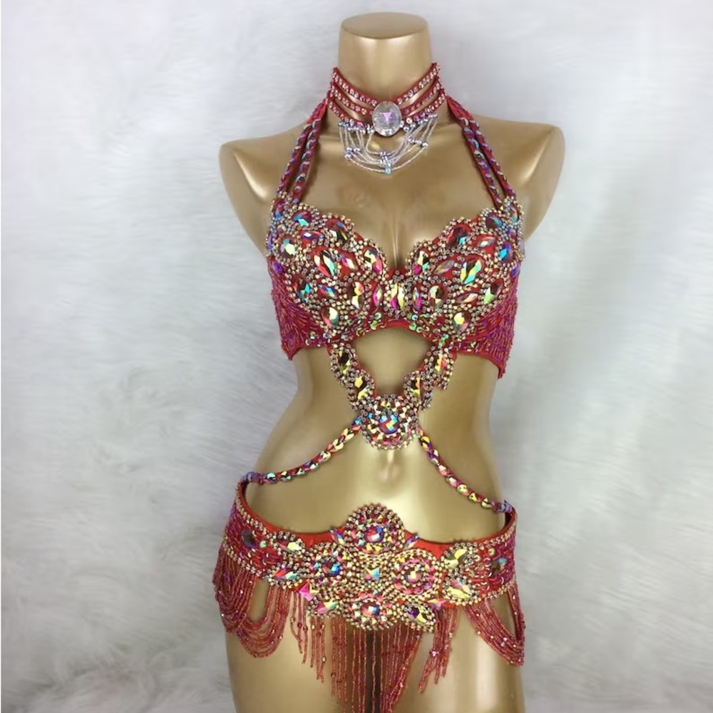 Red Belly Dance Samba Rave Costume Bra Belt